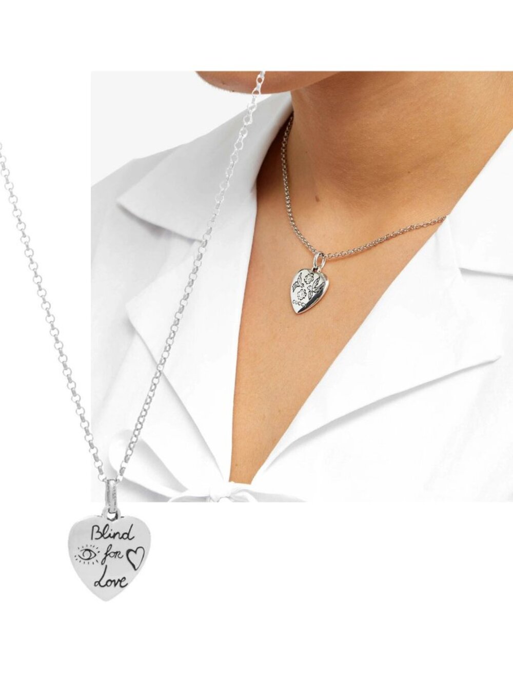 GUCCI NECKLACE STERLING SILVER BLIND FOR LOVE CHAIN HEART ENGRAVED